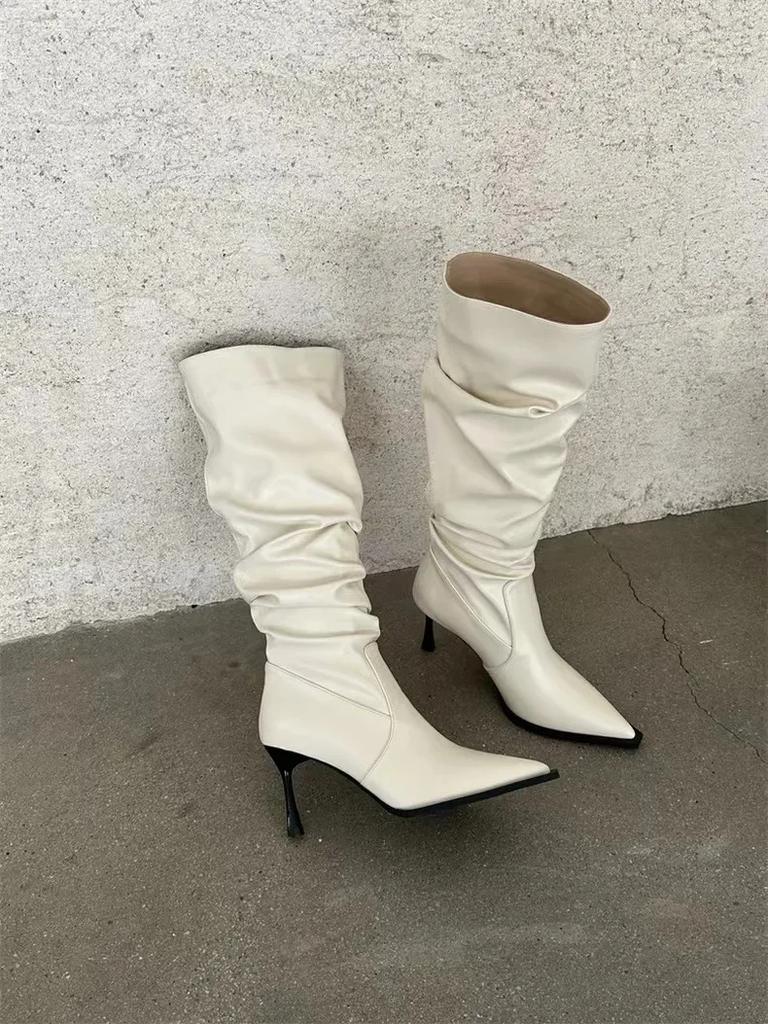 European and American pointed pleated high tube long boots for women in autumn 2025 high heels for women long tube boots