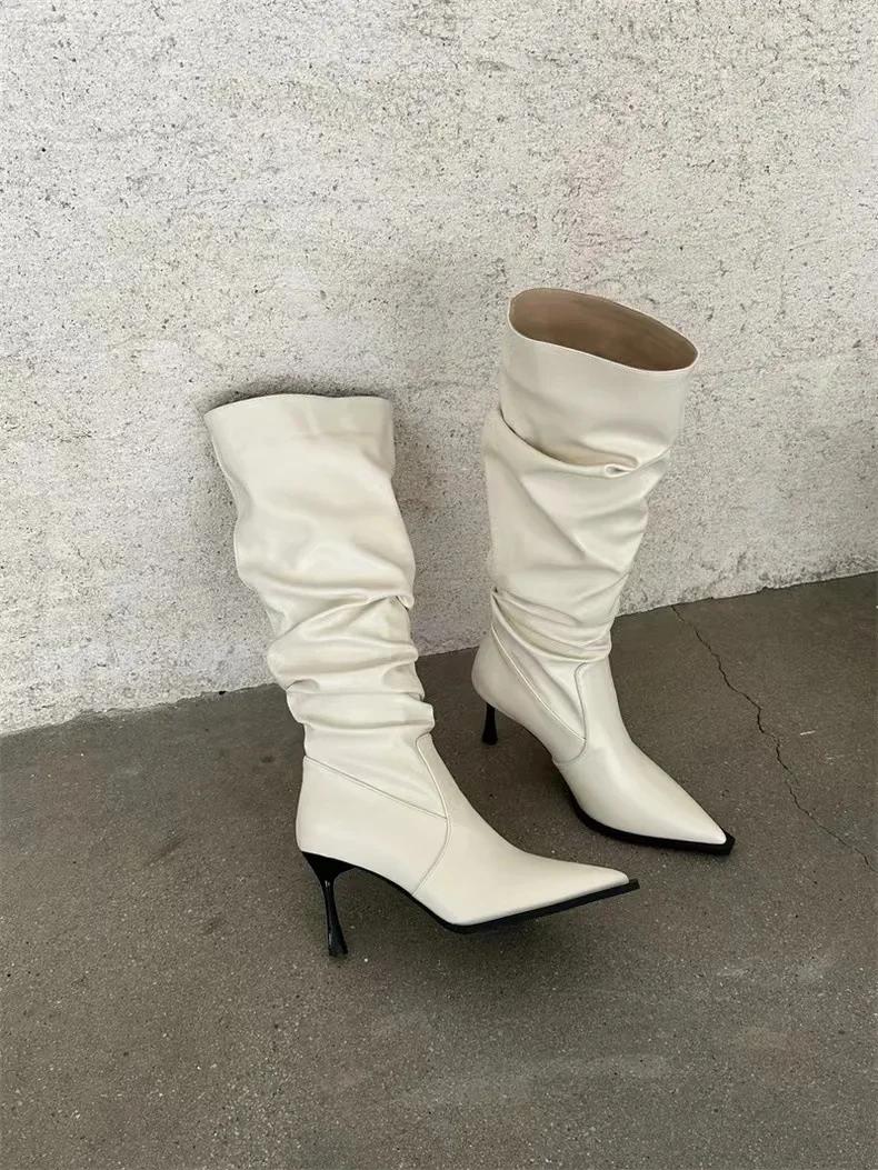 

European and American pointed pleated high tube long boots for women in autumn 2025 high heels for women long tube boots 40 білий