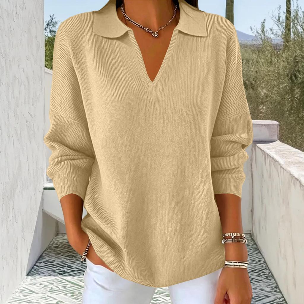 Women's Casual Knit Sweater with Lapel Collar Long Sleeve Color