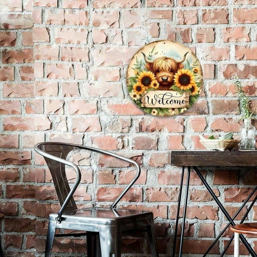 Highland Cow Sunflower Welcome Sign, Rustic Aluminum Wall Decor for Home