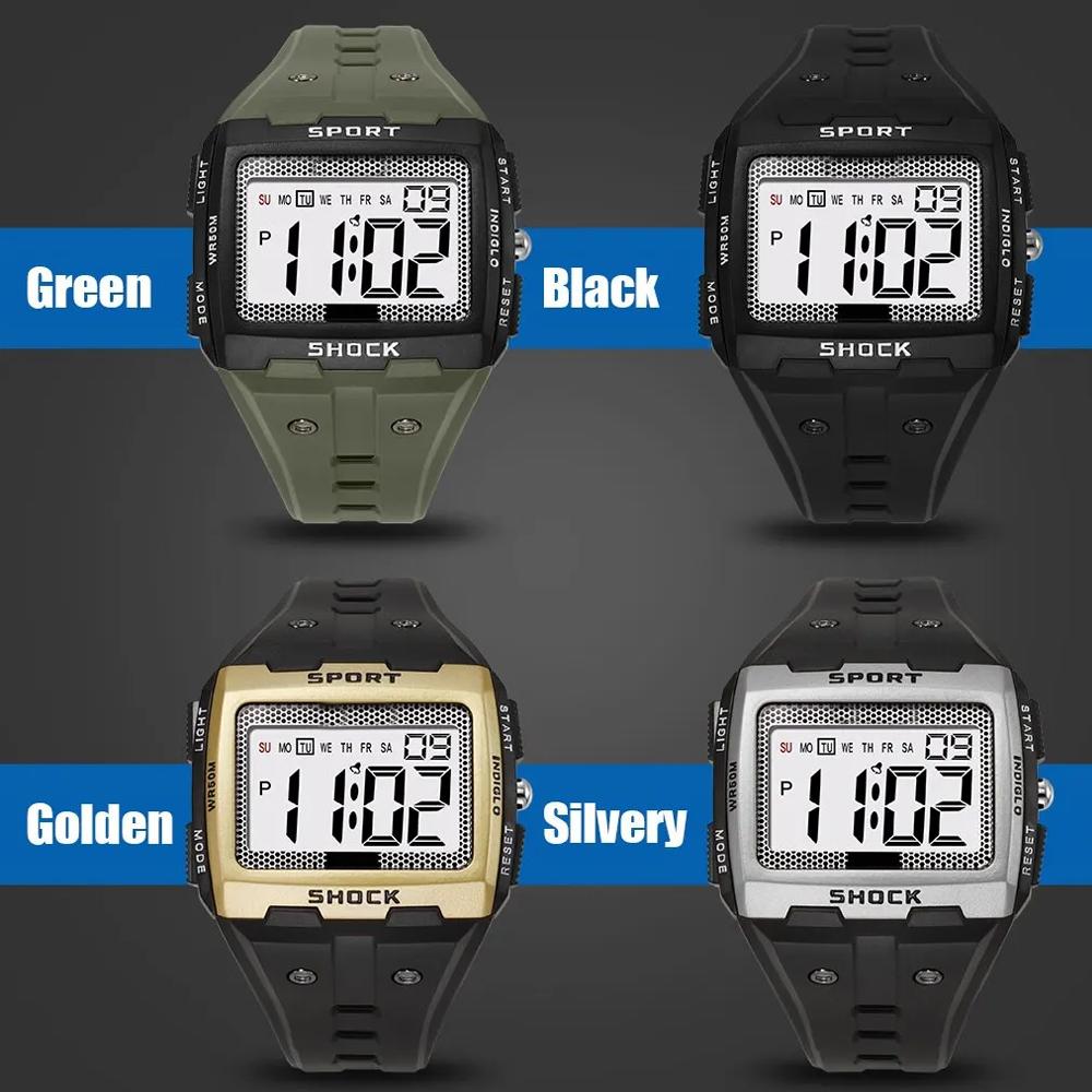 Ceas Electronic Sport pentru Bărbați Rezistent la Apă Lumină de Noapte Ecran Mare Pătrat Exterior Alergare Camping Ceas Studențesc