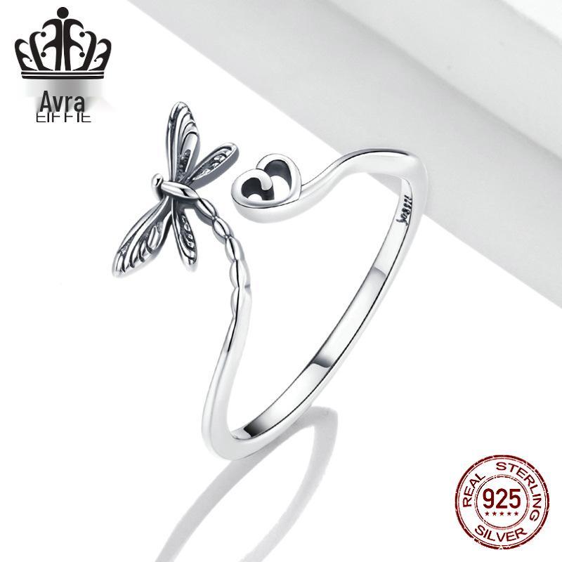 Sterling Silver S925 Dragonfly Love Open Ring - Heart-Shaped Fashion Jewelry