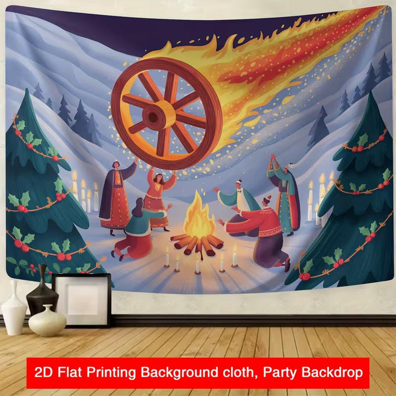 2D Nordic Fire Wheel Festival Party Backdrop with Bonfire Banner Decor