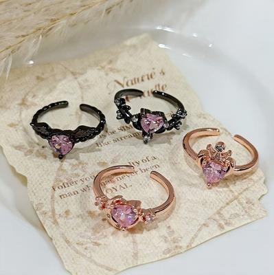 Dark Sweet Cool Pink Zircon Love Open Ring Punk Stacked Wear Personality Niche High Sense Girlfriend Ring Girl