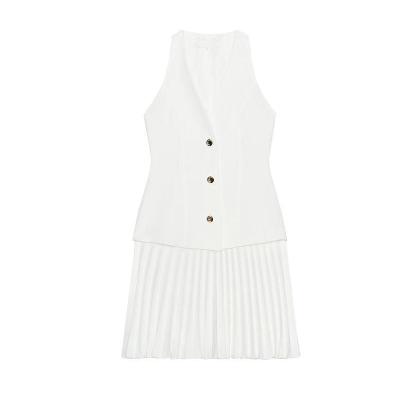 

Summer Women s Minimalist Single-Breasted Small Pleated V-neck Patchwork Sleeveless Mini Dress 0387063 Ben White L