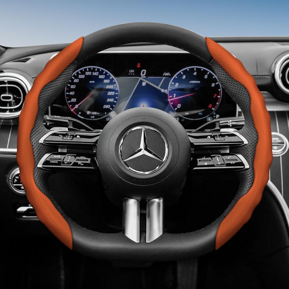 Steering Wheel Cover for Mercedes-Benz, Wave-Shaped Sporty Design, Breathable Leather, Segmented, Non-Slip, Sweat-Absorbing Protective Case