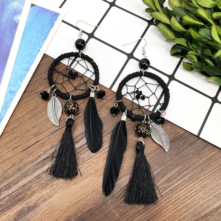 European and Korean Temperament Dream Catcher Element Earrings Female Bohemian Seaside Vacation Feathers Fringed Earrings Versatile Earrings