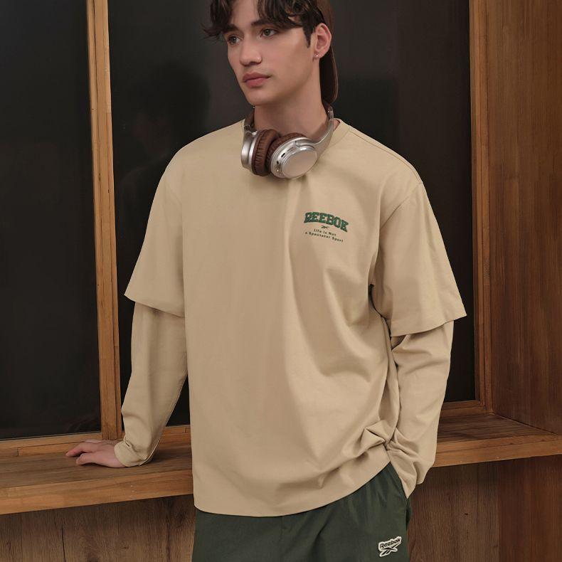 Reebok Solid Color Fashion Retro Loose Simple Fake Two-Piece Knitted Long Sleeve T-Shirt Unisex Tops Light-Khaki 23FRC503UGK0