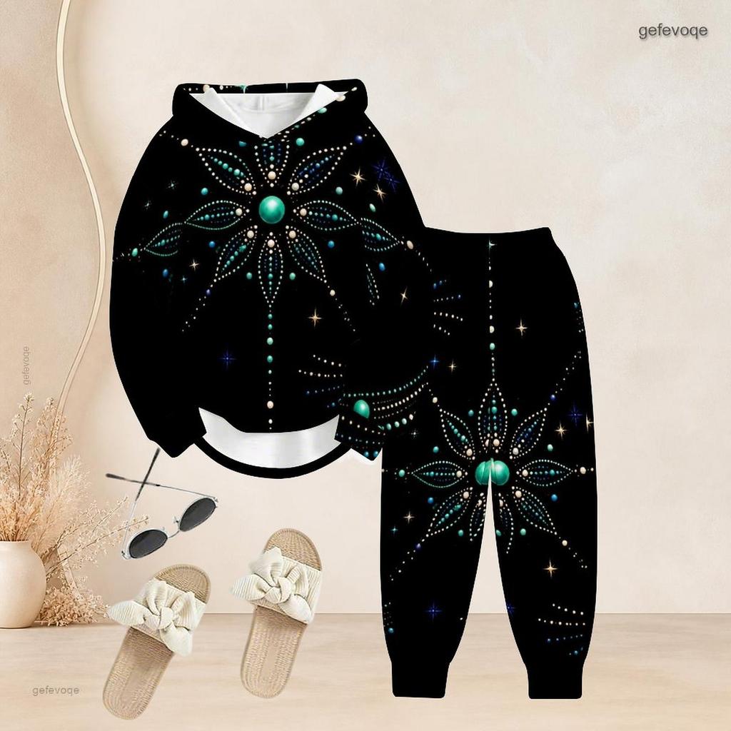 Women Plus Size Mandala Floral Printed Long Sleeve Hooded Top And Cuffed Pants Two Piece Outfit