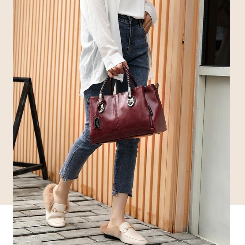 Bolso tejido a mano con asa superior, bolsos de cuero de gran capacidad, bolsos de hombro tipo bandolera con patrón de piedra para mujer