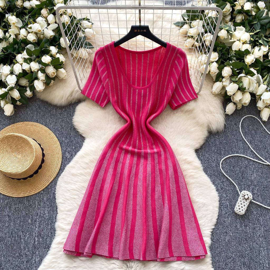 Fashion dress women's summer high-end U-neck short-sleeved waist thin and shiny striped A-word sweater skirt