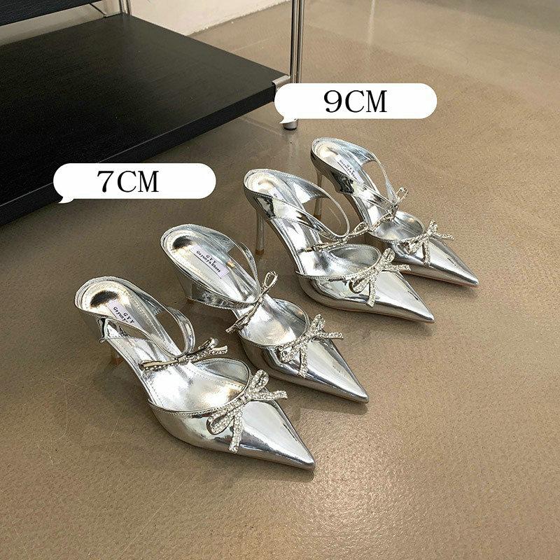 Advanced Sense ~! Silver Patent Leather Rhinestone Bow Pointy Half Slippers For Women With Fine Heels And High Heels