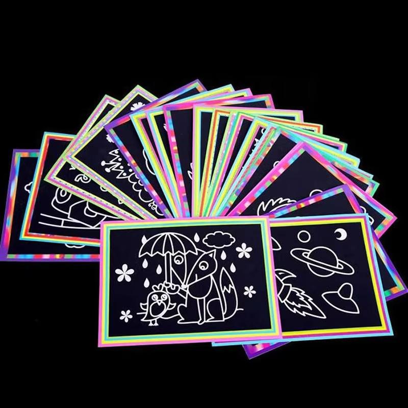 Rainbow Scratch Art Paper Set Magic Coloring Drawing Sheet with Wooden Stylus Educational Diy Craft Toy Kids Toys