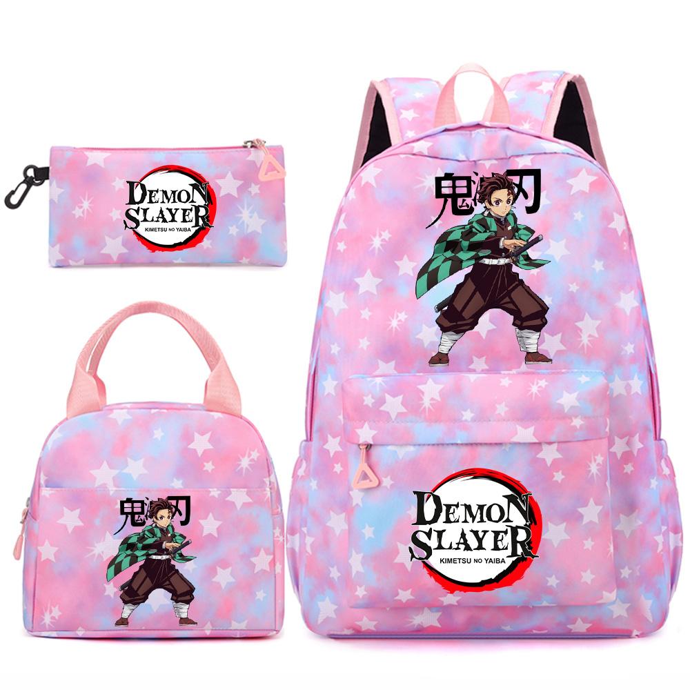 3 st/set Tecknad Demon Slayer Tryckt Ryggsäck Handväska Pennskrin för Tonåring Student Flicka Pojke Skolväska Stor Kapacitet Vattentät Resväska Gåva