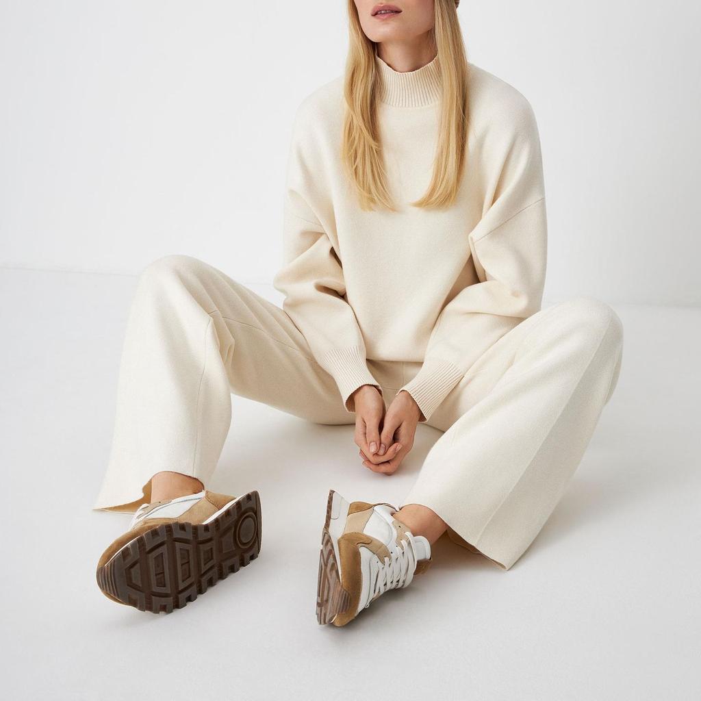 Women Autumn Winter Long Sleeve Half High Collar Solid Color Sweater Set Loose Fit Casual Two Piece Suits