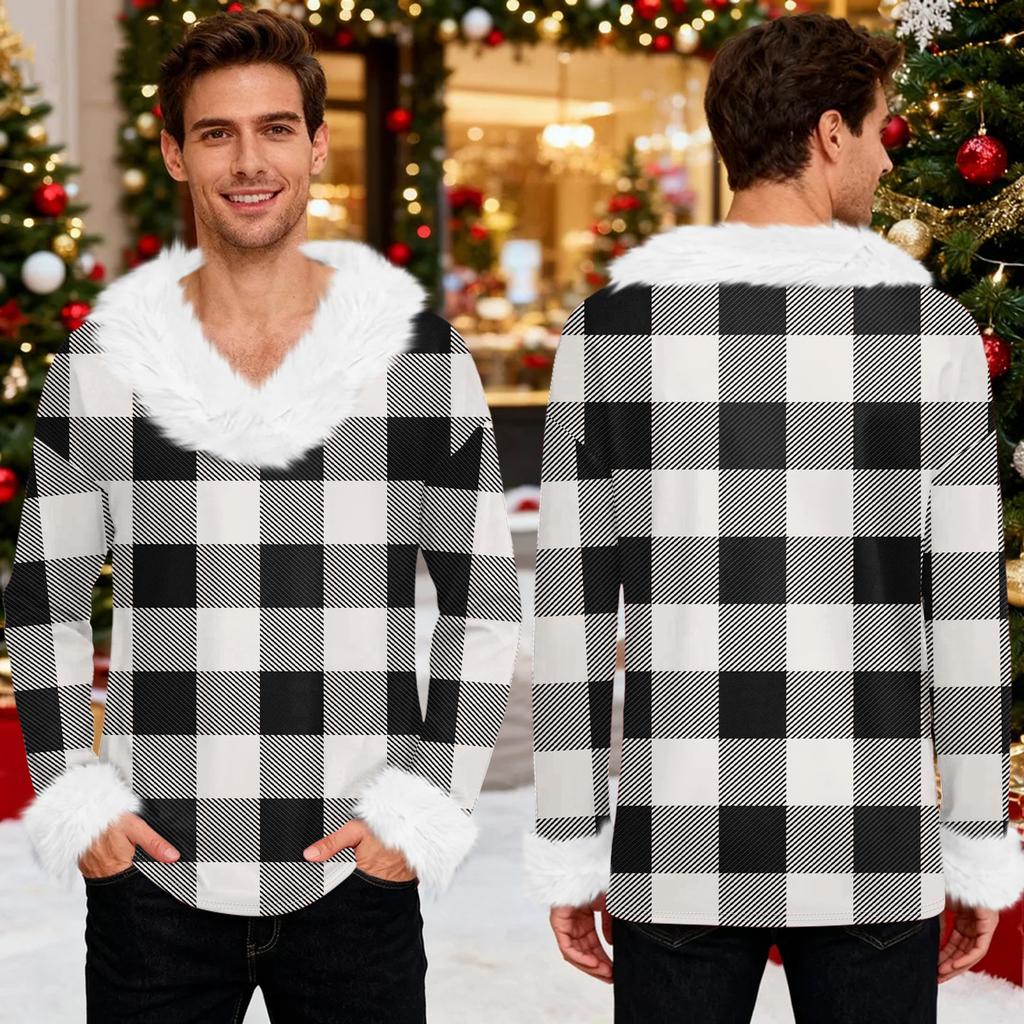 Men's Christmas Printed Fleece Lined Hoodie | Faux Trim Party Sweatshirt With Pocket | Plus Size Loose Fit Holiday Pullover