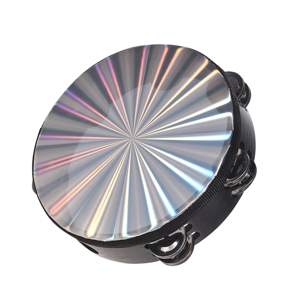 8/10 In Wooden Radiant Tambourine Handbell Hand Drum with Double Row Jingles Reflective Drum Head Musical Percussion Instrument