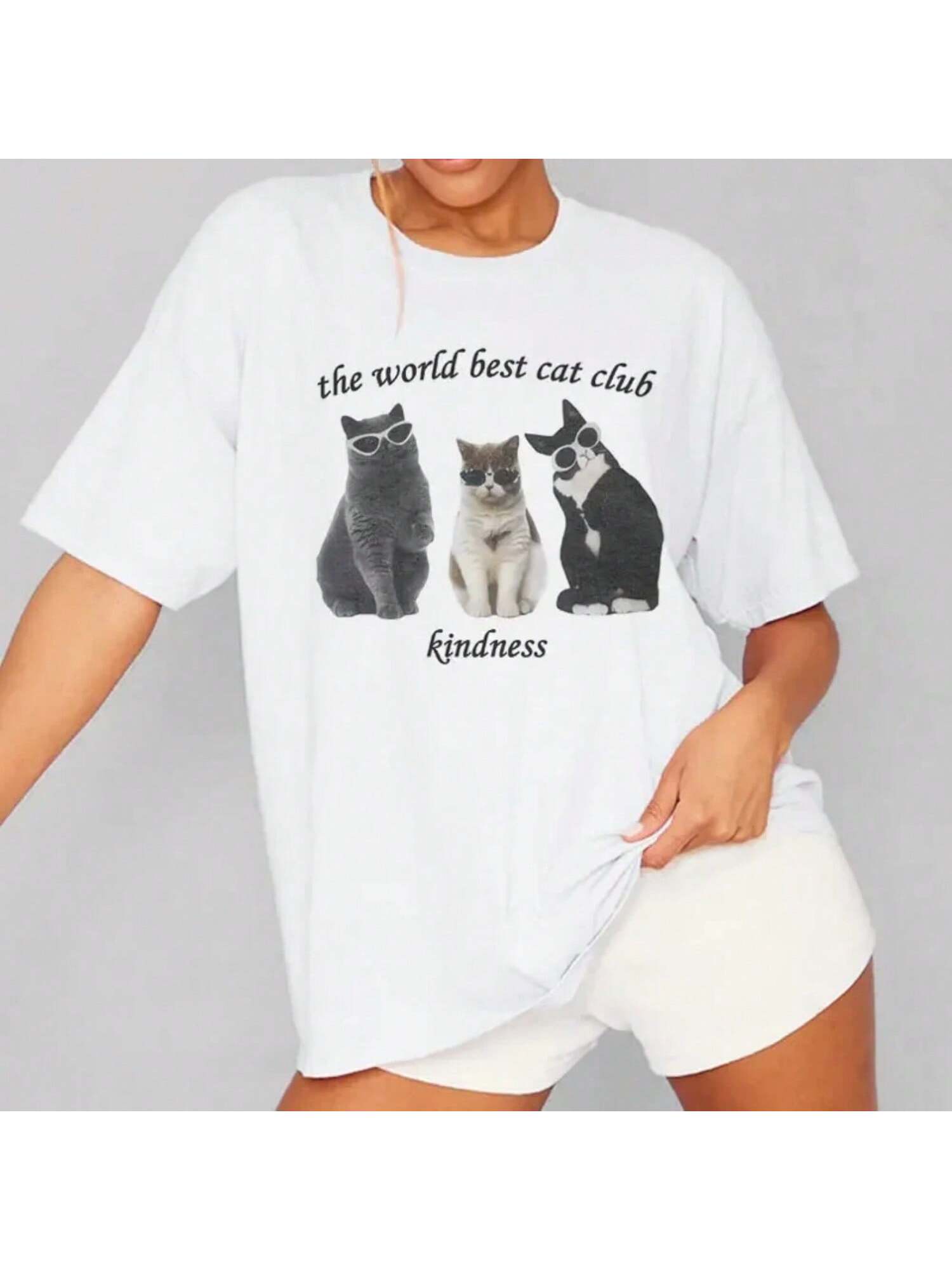 Wounisex Oversized Cute Kitten Graphic Tees Harajuku Funny Cat Lover T Shirt Female Streetwear Y2k Graphic Tops Korean Tees Clothes S разноцветный