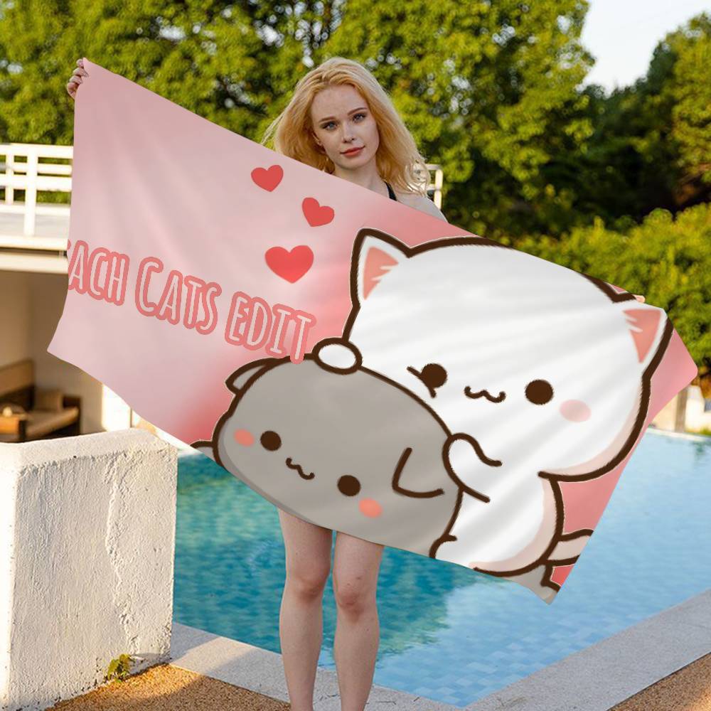 Cute blue Peach Mochi Cat Anime Beach Swimming Towel Soft Absorbent Washcloth Children's Gifts For Kids Travel Camping Gym
