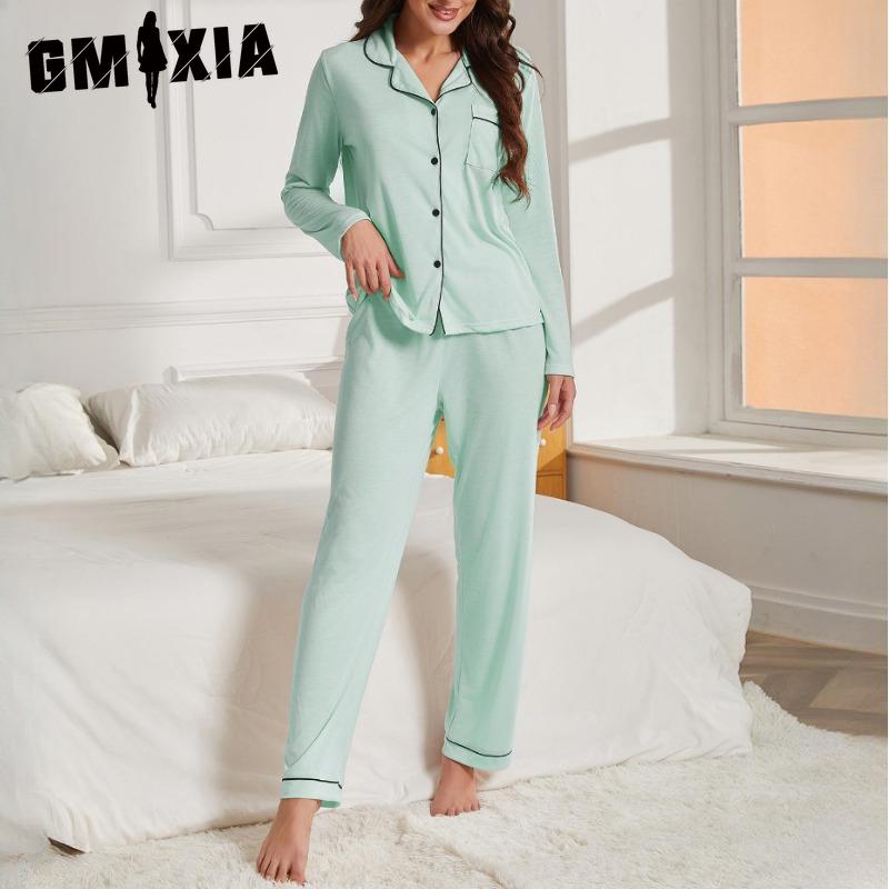 GMXIA Women's Pajamas Autumn and Winter Solid Color Cardigan Long Sleeve Loungewear Set
