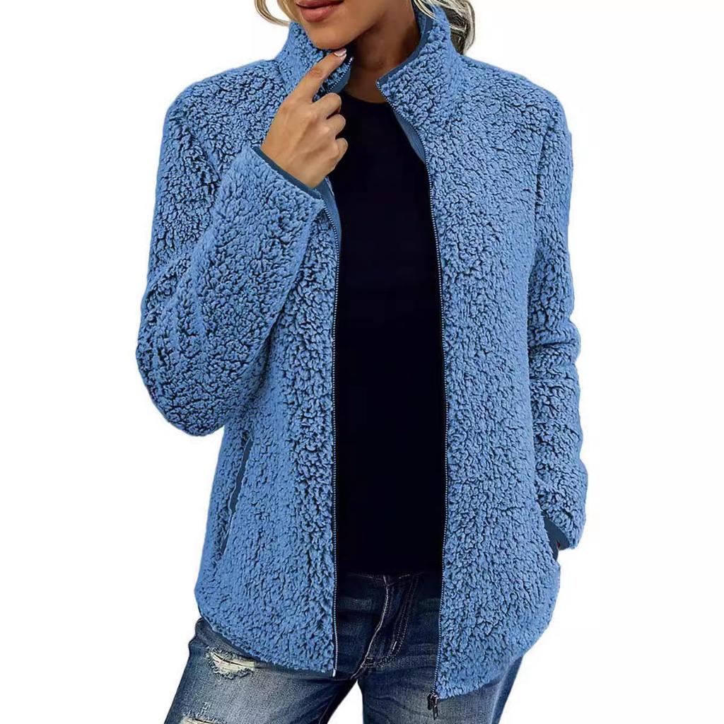 Kragen Einfarbig Top Sweatshirt Damen Casual Fashion Langarm Reißverschluss Bubble Fleece Jacke