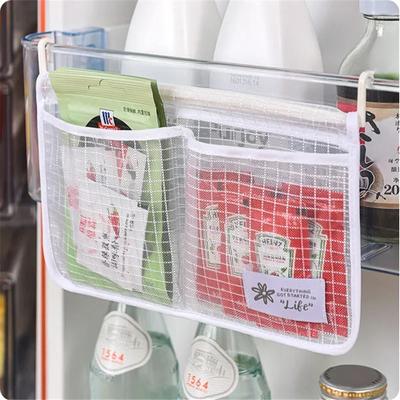 Refrigerator Storage Mesh Bag Double Compartment Hanging Pouch Kitchen Organizer Pockets with Hook Washable Collapsible Reusable