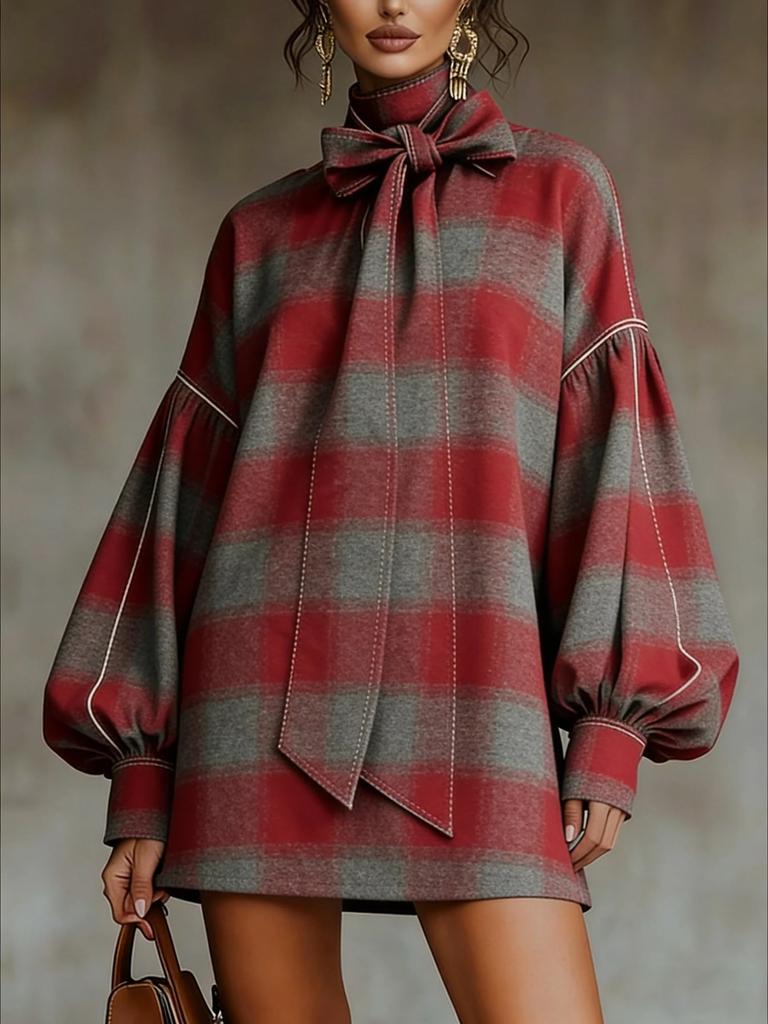 Damska jesienno-zimowa welurowa krótka sukienka z długim rękawem i kokardą