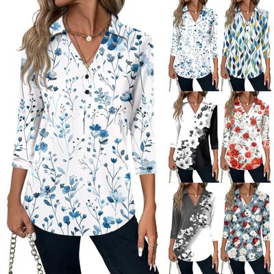 Women's Fashion Casual Lapel Short 3/4 Sleeve Print Shirt Women's V-Neck Button Tops
