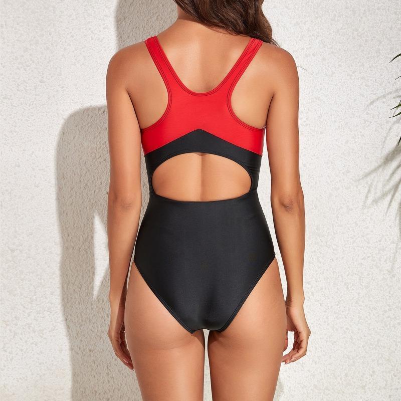Women S One Piece Swimsuit Color Block Conservative Tummy Control Backless Bathing Suit
