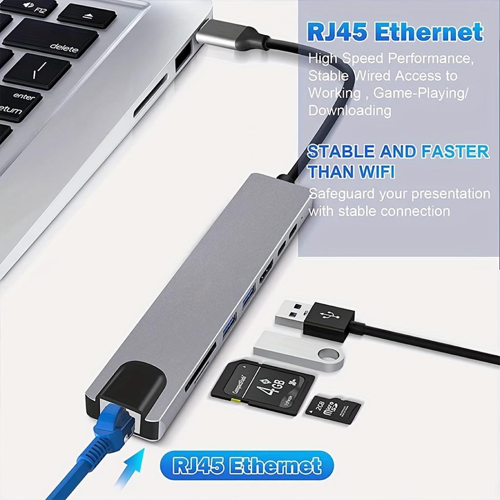 8 In 1 USB C Hub Type C To 4K HDTV Adapter with 100M RJ45 SD/TF Card Reader Fast Charger for MacBook Notebook Windows Laptop Computer