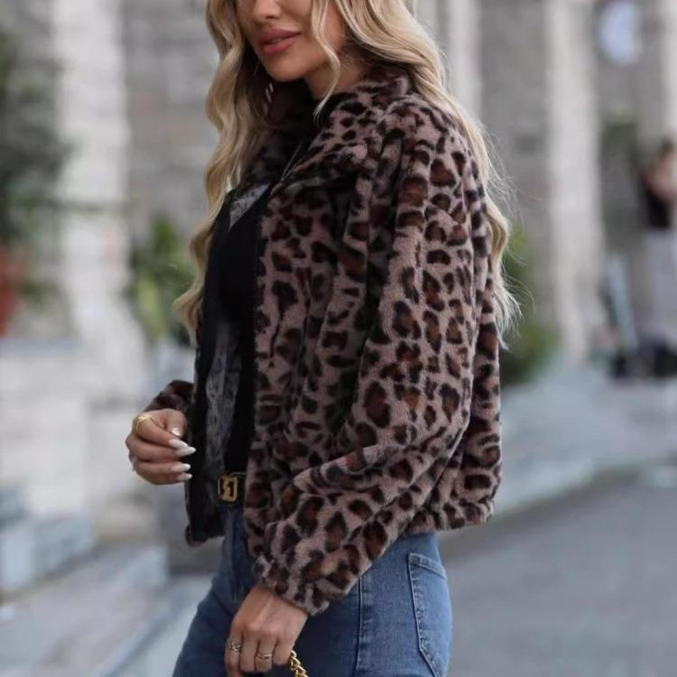 Women Fluffy Leopard Print Fleece Jacket Loose Zip Coat Long Sleeve Autumn Winter