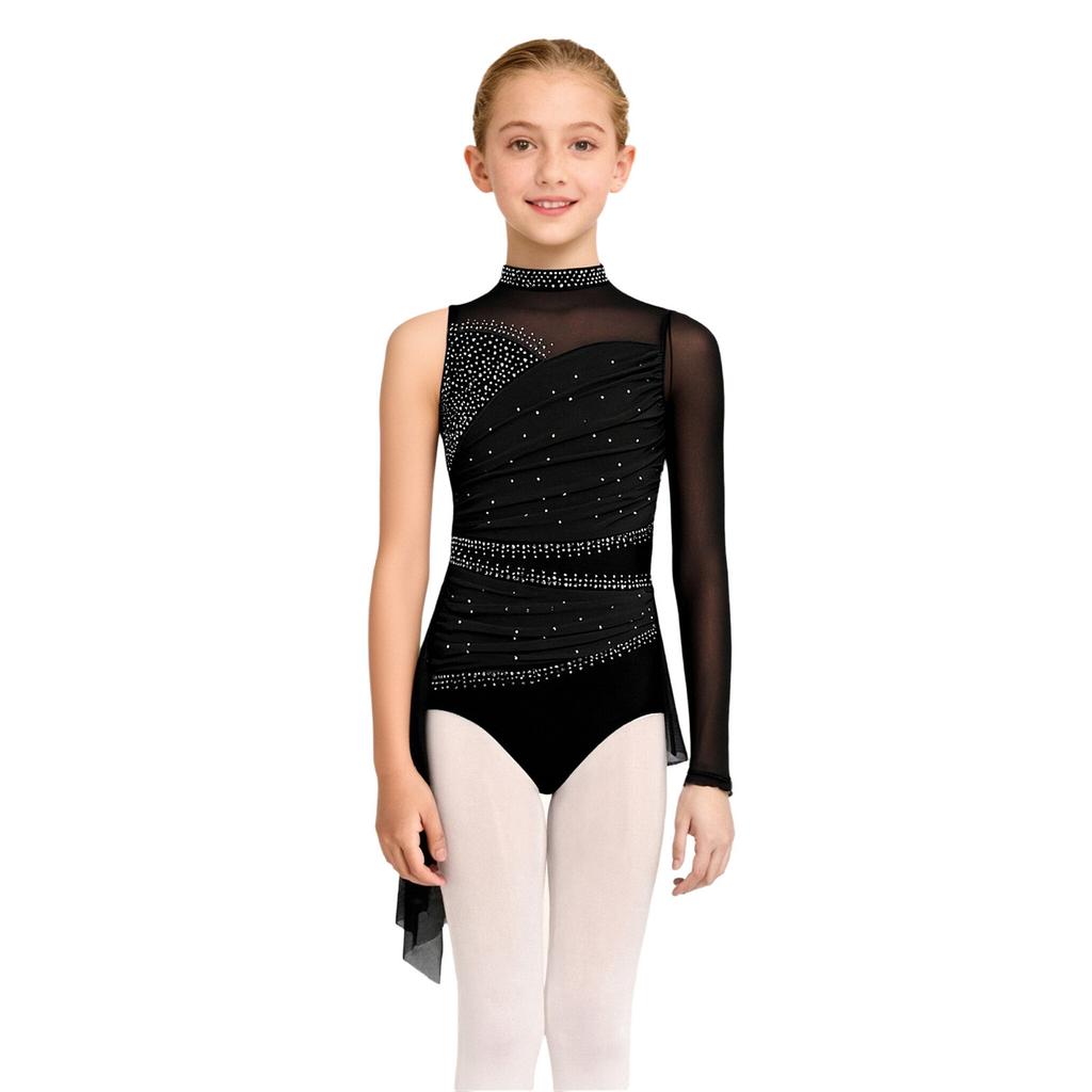 Dziewczęca sukienka do tańca lirycznego Kostium do łyżwiarstwa figurowego Błyszczące cyrkonie Marszczenie Siateczkowa nakładka Asymetryczna spódnica Body