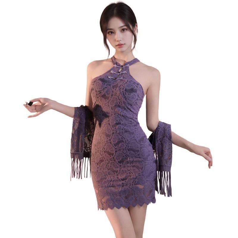 Nightclub Dress Bar Uniform Sex Underwear Spice Girl Purple Lace Hollow Cheongsam Dress