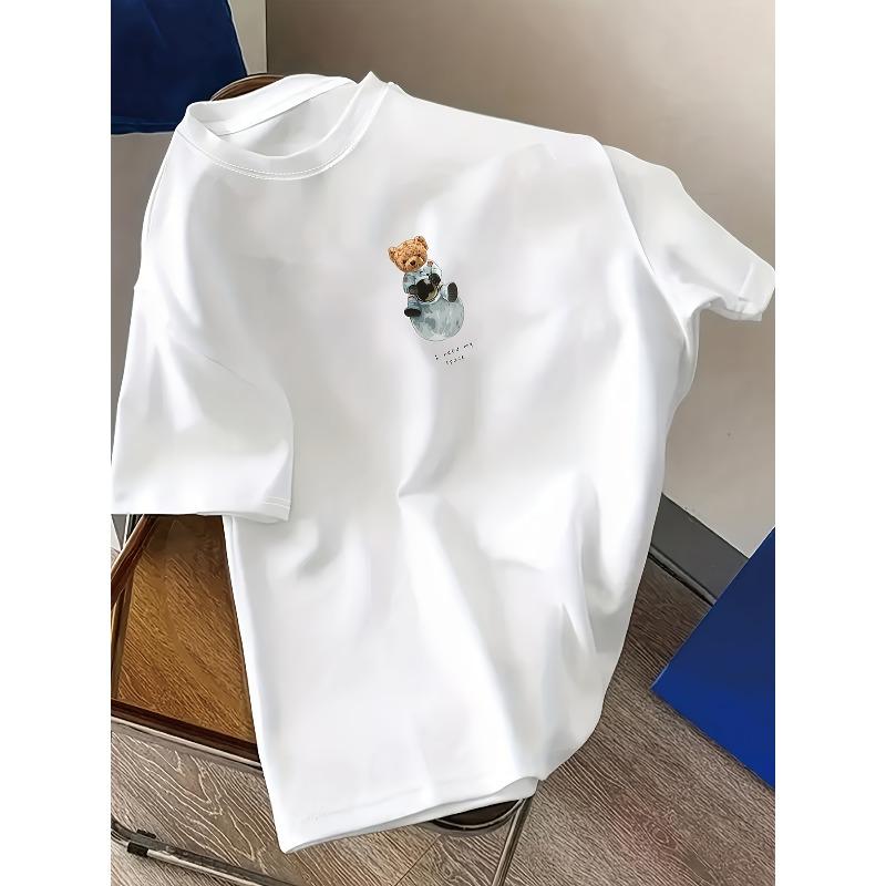 

European Size Women s Cartoon Cute Bear Doll Print Round Neck Casual Short-Sleeve T-Shirt, Featuring An Adorable Cartoon Bear Doll Pattern 4XL білий