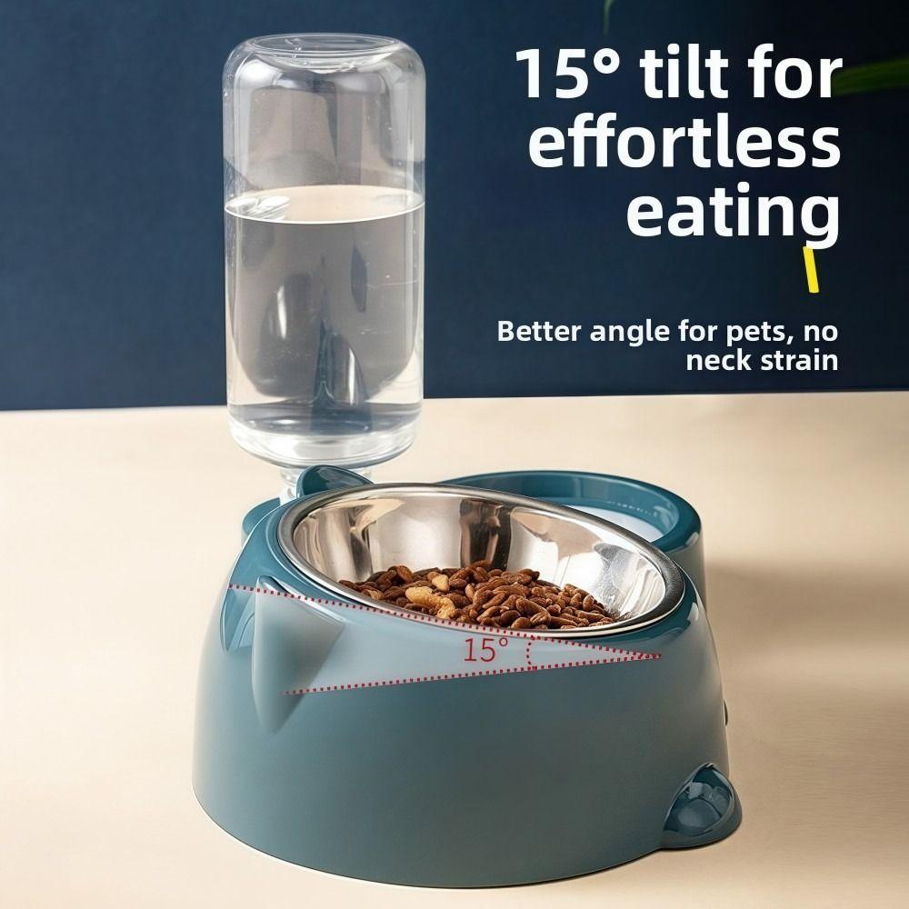Automatic Pet Feeder Water Dispenser Slanted Opening 2-IN-1 Cat Dog Feeders Stainless Steel No Power Required Pet Bowl