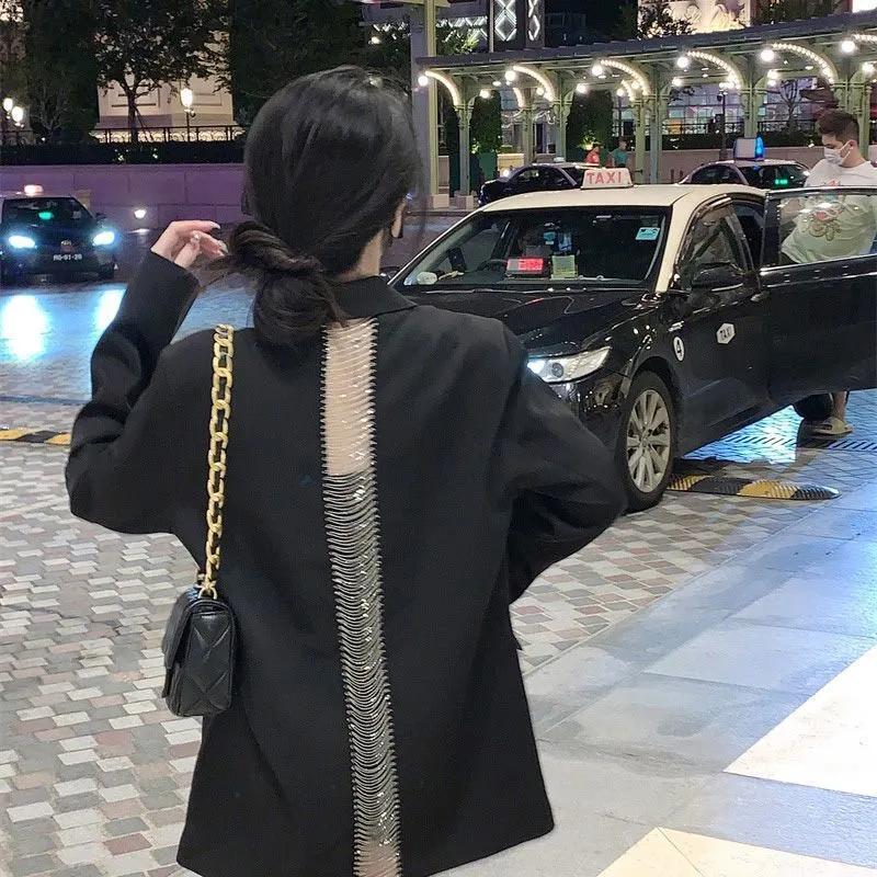 Blazer da Donna Primavera e Autunno Schiena Svuotata Catena Monopetto Manica Lunga Giacche Tailleur Blazer Casual Femminili