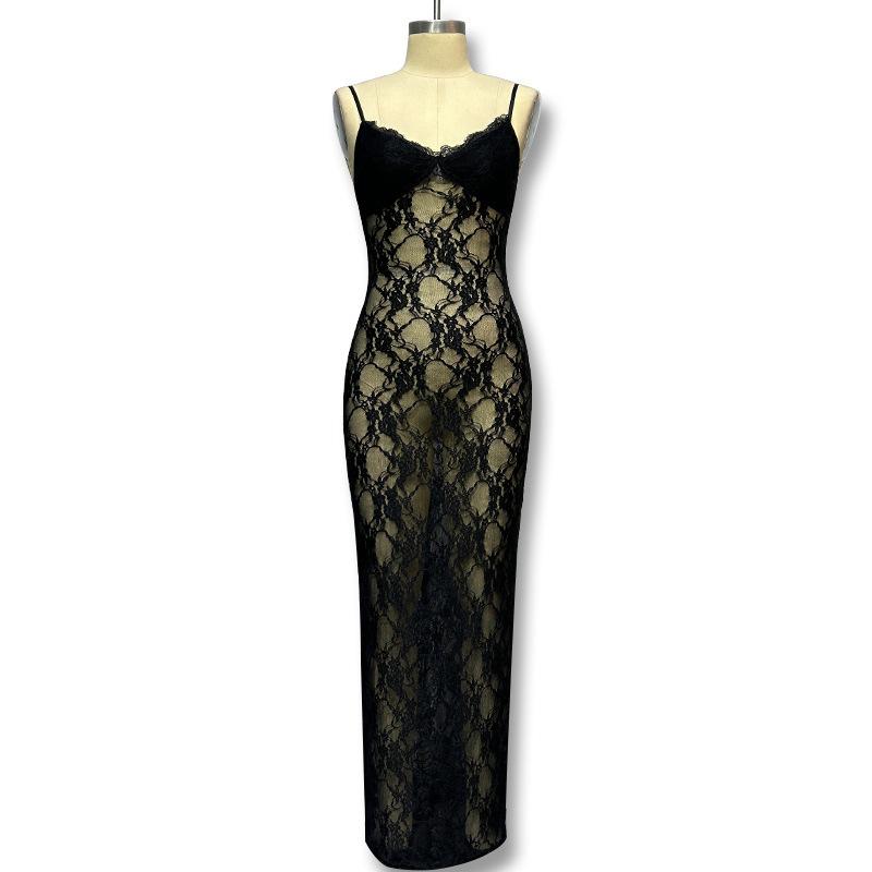 European and American women's clothing 2026 new solid color hollow lace dress sexy slim hip dress