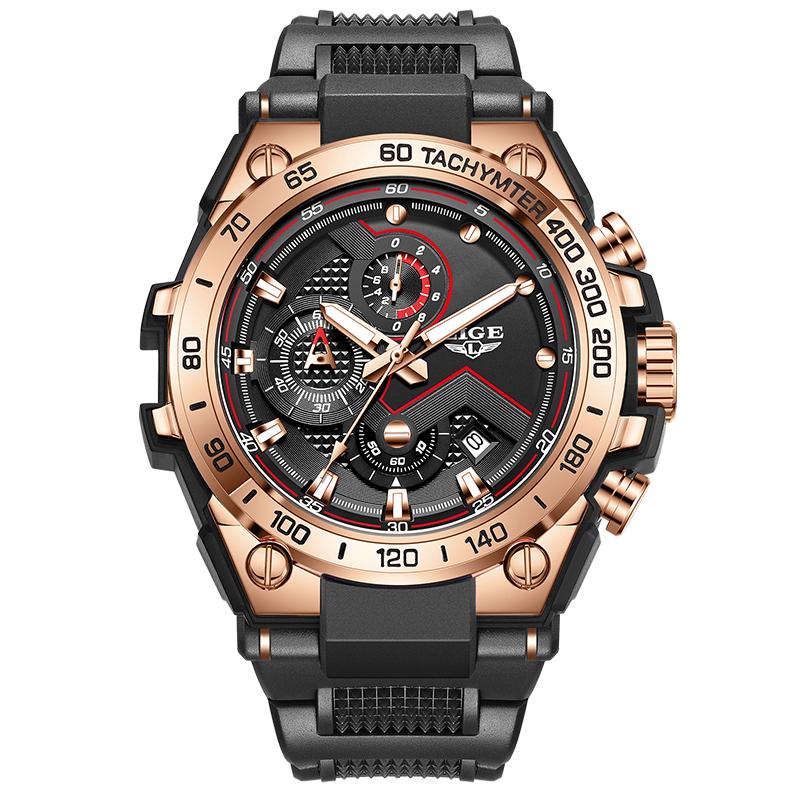 

Мужские часы LIGE Многофункциональный циферблат-субциферблат Силиконовый ремешок Мужские кварцевые часы чёрный/золотой