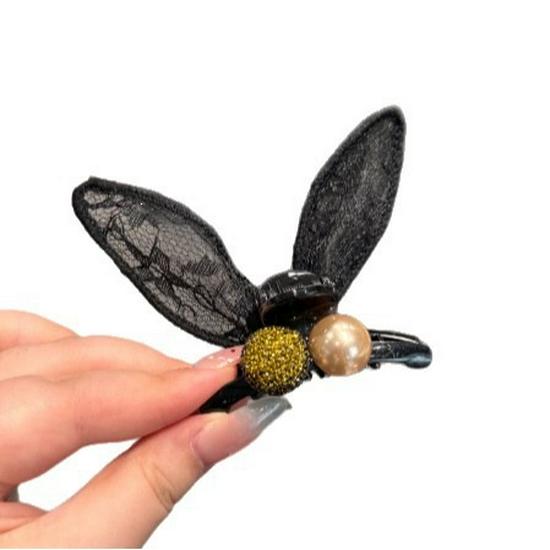 Women's Black Lace Bunny Ear Hair Clip for Bangs