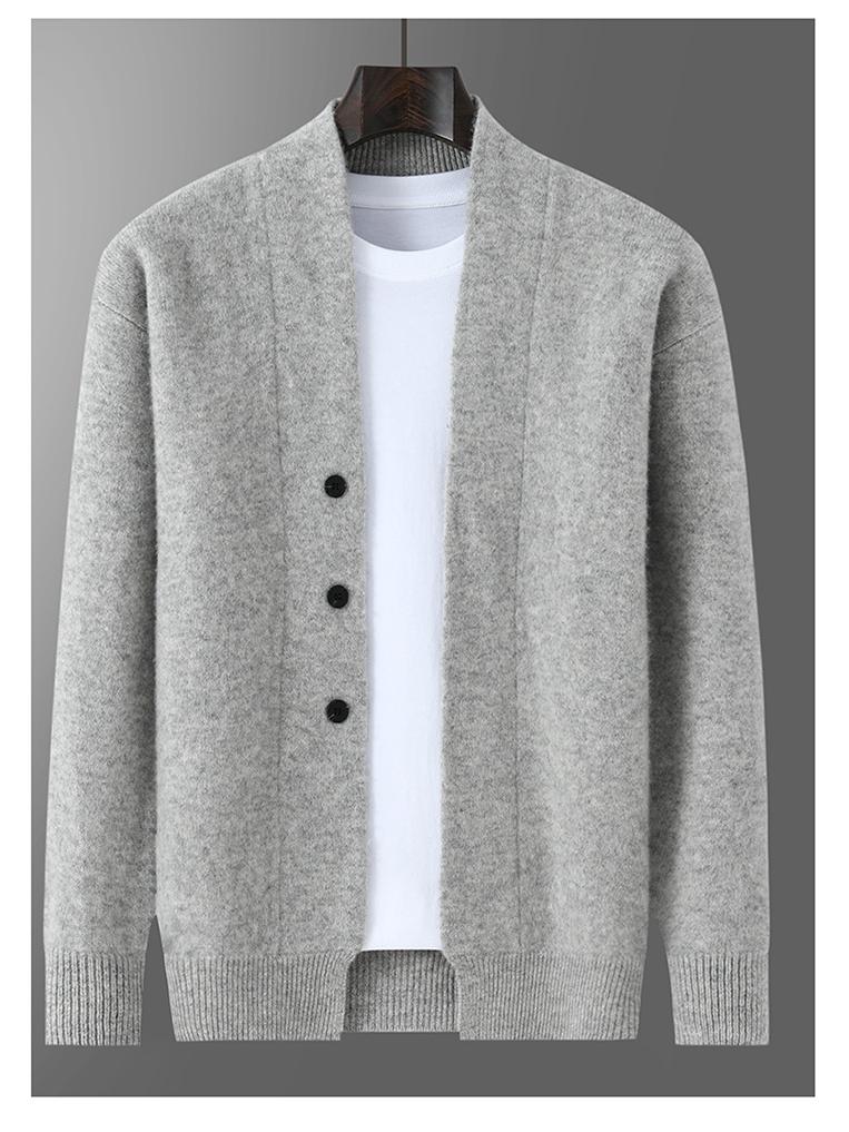 Men's 100% Pure Wool Thick Solid Cardigan Sweater, Plus Size Casual Knitwear Jacket