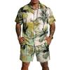 Men's Casual Printed Lightweight Breathable Shirt and Drawstring Shorts Set