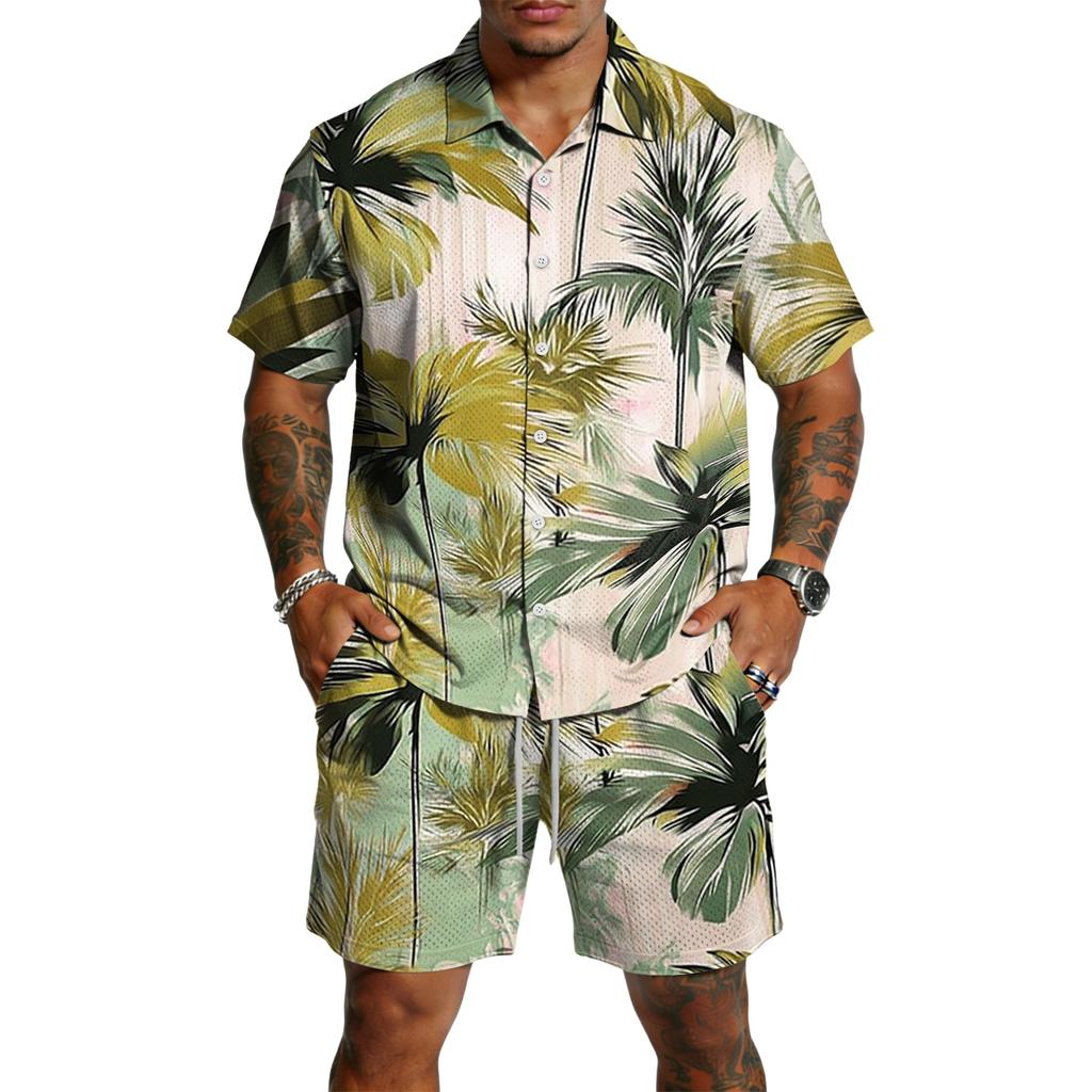 Men's Casual Printed Lightweight Breathable Shirt and Drawstring Shorts Set