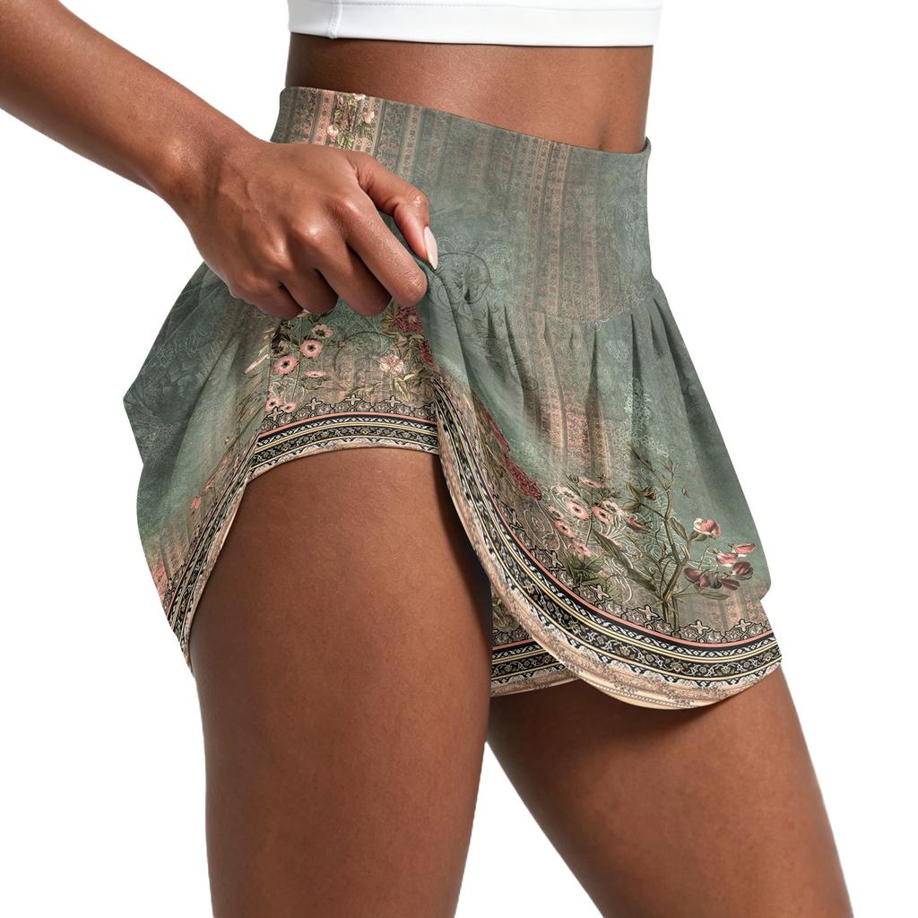 Womens Athletic Skort High Waisted Skort with Built In Shorts Tennis Golf Skort Floral Print Mini Sport Skirt Skort