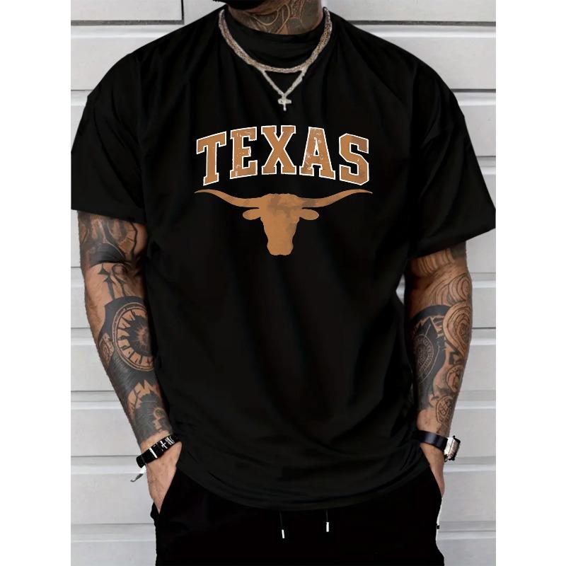 Camiseta para Hombre Talla Europea con Letras de Texas - Camiseta Casual de Verano de Manga Corta con Diseño de Cabeza de Toro del Estado de Texas, Camiseta de Cuello Redondo