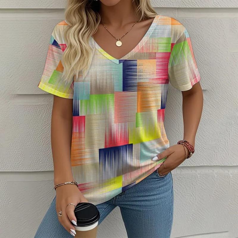 Women's V-neck Short Sleeved 3D T-shirt Checkered Print Summer Clothing Striped Women's T-shirt Street Top