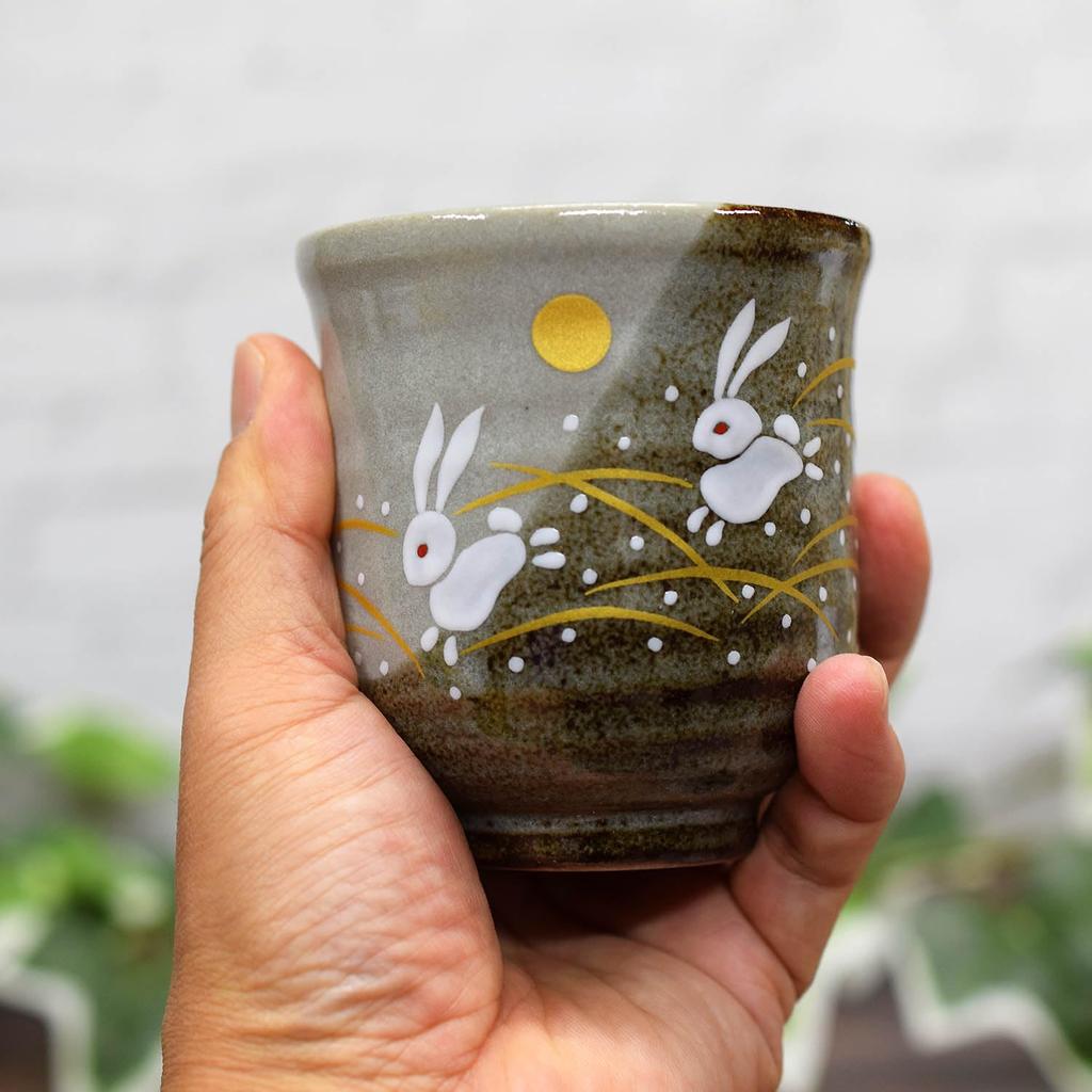 Waza no Kura Stylish Pair of Kutani Ware Teacups - Moon Rabbit Design - Ceramic Brand - Japanese Tableware - Made in Japan - Perfect Gift for Wedding