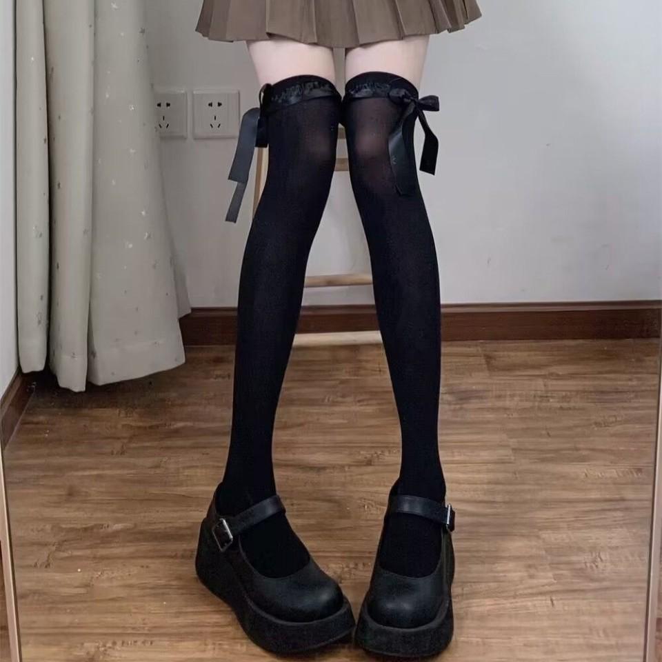 Milk White Lolita Velvet Knee Socks Long Tube Spring And Autumn Lace Ribbon Bow High Tube Socks Lolita