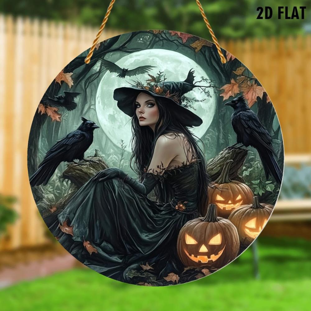 2D Flat Acrylic Vintage Witch Halloween Wall Decor - Window Pendant with Raven and Pumpkin Design, Home Garden Party Decor, for Halloween Christmas