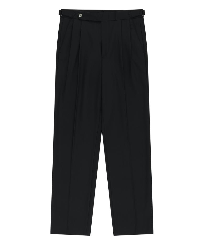BELLIEF Wool Gabardine Adjust Double-Pleated Relaxed Trouser (Black)