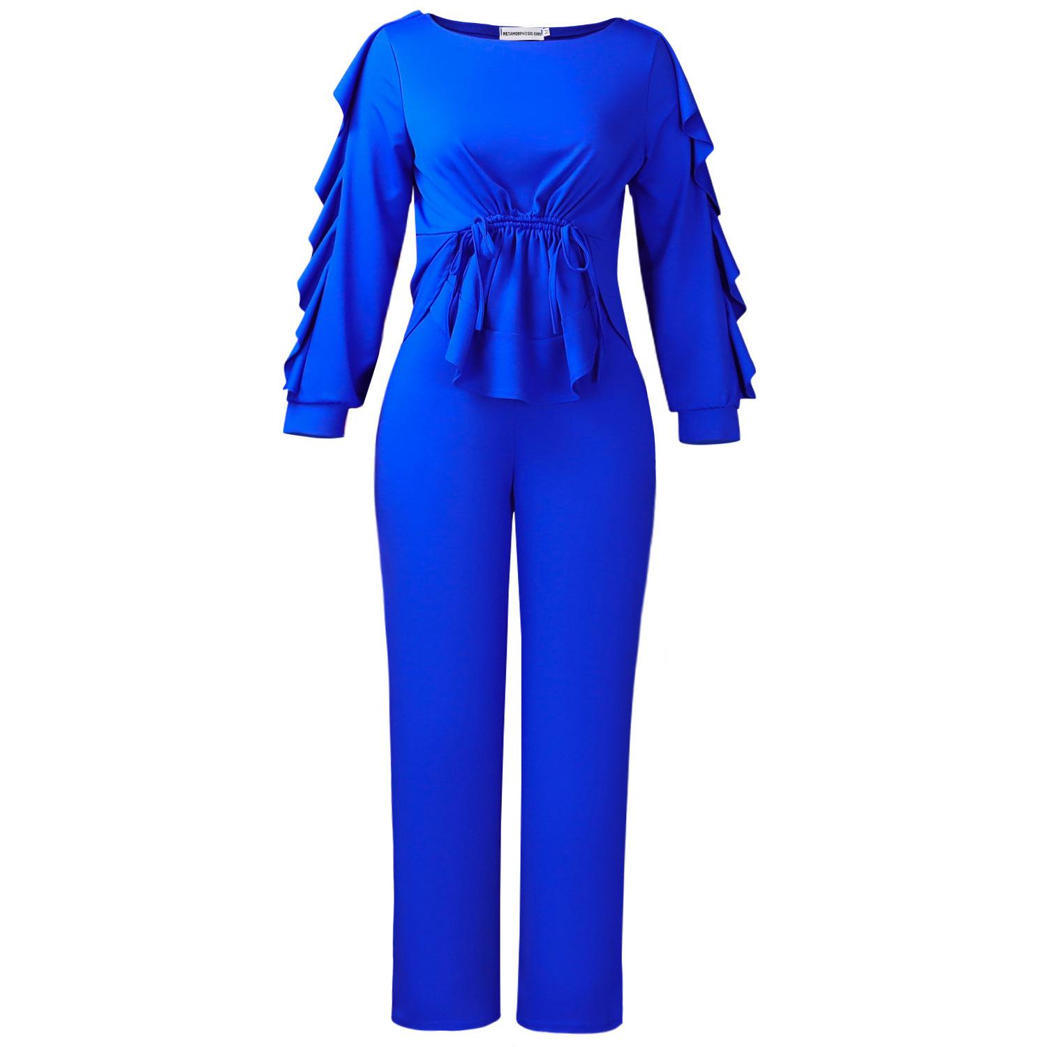 

Женский новый модный комплект из двух предметов: облегающий топ на шнурке и повседневные брюки S синий